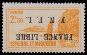 Lot 936, St. Pierre and Miquelon 1942 2fr50 issue with Inverted "FRANCE LIBRE / F.N.F.L." overprint, VF NH, sold for C$848