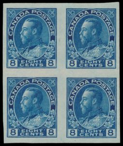 Lot 246, Canada eight cent blue Admiral imperforate block of four, VF-XF, two stamps hinged