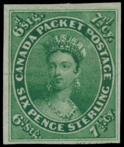 Lot 37, Canada 1857 seven and a half pence deep green Queen Victoria, XF lightly hinged