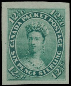 Lot 56, Canada 1859 twelve and a half cent blue green Queen Victoria, XF unused no gum