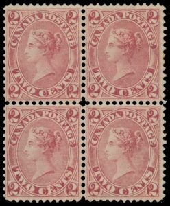 Lot 66, Canada 1859 two cent deep rose Queen Victoria block of four, XF o.g.