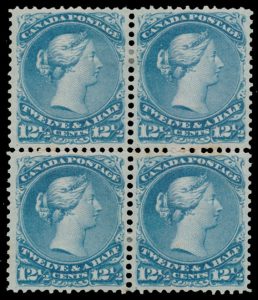Lot 75, Canada 1868 twelve and a half cent blue Large Queen block of four, VF o.g.