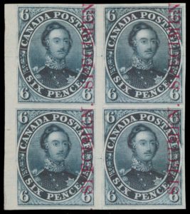 Lot 8, Canada six pence Consort plate proof block of four in grey blue with vertical SPECIMEN, VF plus