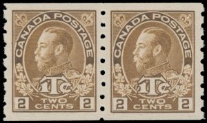 Lot 305, Canada 1916 2c + 1c yellow brown Admiral War Tax coil pair, XF NH, sold for C$3,159