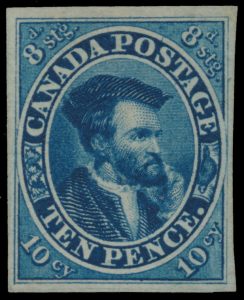 Lot 457, Canada 1855 ten pence prussian blue Cartier on thick white paper, VF unused no gum