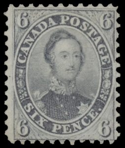 Lot 471, Canada 1859 six pence grey violet Consort, Perforated 11¾, F-VF unused no gum