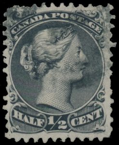 Lot 501, Canada 1868 half cent black Large Queen on watermarked Bothwell Paper, used with 2-ring numeral cancel