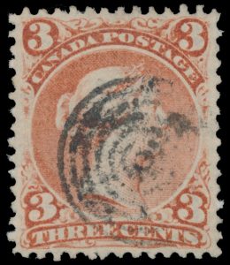 Lot 514, Canada 1868 three cent bright red Large Queen on laid paper, VF+ with moderate target cancel, sold for C$6,084