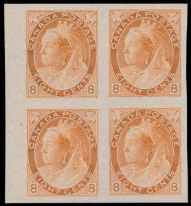 Lot 627, Canada eight cent orange Queen Victoria Numeral imperf block of four on vertical wove paper, XF unused
