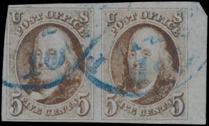 Lot 1059, USA 1847 five cent dark brown Benjamin Franklin horizontal VF pair with partial c.d.s in blue