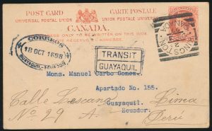 Lot 1138, Canada 1897 two cent UPU postcard mailed from Kingston to Ecuador and re-directed to Peru