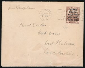 Lot 1278, Newfoundland 1919 three cent brown Hawker overprinted Airmail on flown cover St. John's to Malvern, England