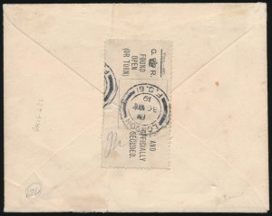 Back of Lot 1278, Newfoundland 1919 three cent brown Hawker overprinted Airmail on flown cover St. John's to Malvern, England