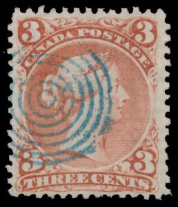 Lot 177, Canada 1868 three cent bright red Large Queen on laid paper, F-VF with target cancel