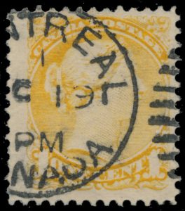 Lot 189, Canada c. 1880 one cent yellow Small Queen, VF used with "diagonal line in hair"