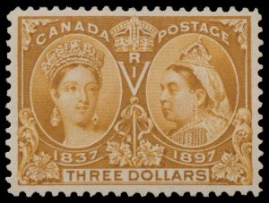 Lot 266, Canada 1897 three dollar yellow bistre Jubilee with re-entry, VF lightly hinged