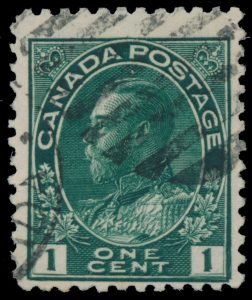 Lot 385, Canada 1911 one cent blue green Admiral with major re-entry, Fine used