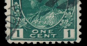 Closeup of re-entry from Lot 385, Canada 1911 one cent blue green Admiral Fine used