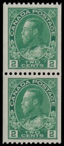 Lot 463, Canada 1924 two cent yellow green Admiral coil vertical pair with transfer roll flaw, VF NH