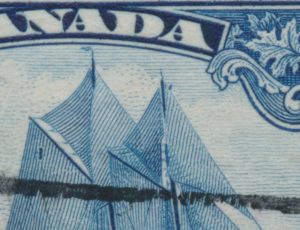 Closeup of "Man on the Mast" variety on fifty cent Bluenose