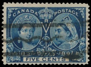 Lot 727, Canada five cent blue Jubilee with Style T precancel, VF