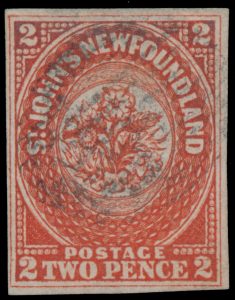 Lot 816, Newfoundland 1857 two pence scarlet vermilion Heraldic, VF used with variety