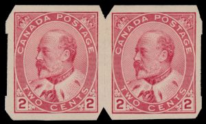 Lot 353, Canada 1903 two cent carmine King Edward VII experimental vending machine imperf pair, mint F-VF, sold for C$4,212