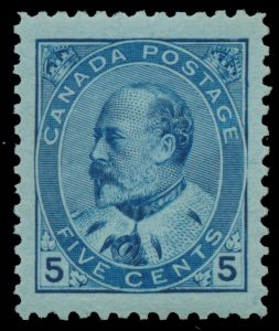 Lot 355, Canada 1903 five cent blue King Edward VII on bluish paper, XF NH, sold for C$1,228