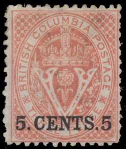 Lot 761, British Columbia and Vancouver Island 1869 5c on 3d bright red Seal of British Columbia Surcharge