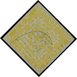 Lot 776, New Brunswick 1851 six pence olive yellow Heraldic, VF used with Richibucto 23 oval grid