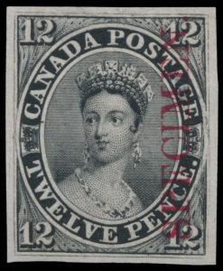 Lot 12, Canada 1851 twelve pence Queen Victoria plate proof with overprint on india paper