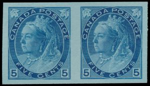 Lot 128, Canada 1899 five cent blue Queen Victoria Numeral horizontal pair, VF unused