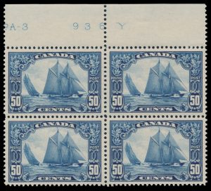 Lot 241, Canada fifty cent dark blue Bluenose, XF mint upper margin block of four showing part plate imprint
