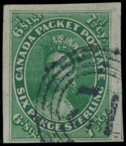Lot 28, Canada 1857 seven and a half pence green Queen Victoria, XF with 4-ring #12