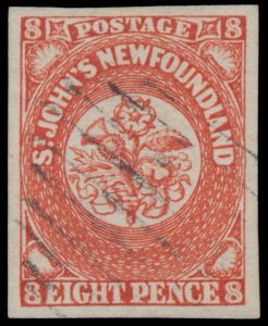 Lot 414, Newfoundland eight pence scarlet vermilion Heraldic, XF used