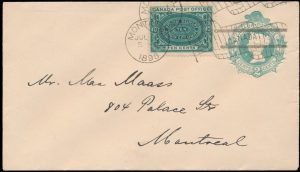 Lot 619 Canada #E1 1898 10c Blue Green Special Delivery First Day Cover, tied by JUL.1.1898 5pm Montréal Bickerdike flag cancel
