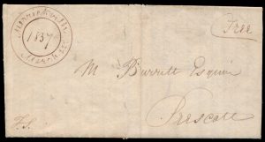 Lot 694, 1837 Merrickville hand-drawn emergency postmark on folded letter