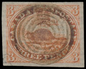 Lot 1, Canada 1851 three pence red Beaver on laid paper, VF used