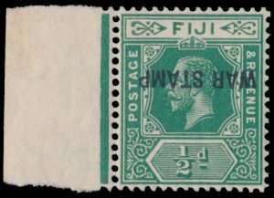 Lot 461, Fiji 1916 half pence green King George V with inverted WAR STAMP overprint, VF hinged