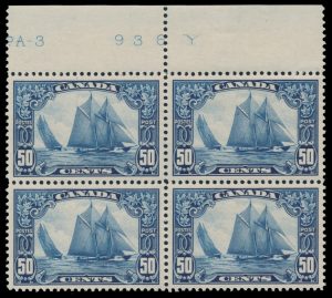 Lot 241, Canada 1929 fifty cent dark blue Blue Nose, VF NH margin block of four with imprint, sold for C$2,808