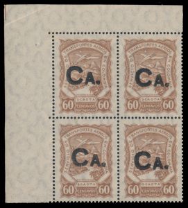 Lot 346, Canada 1929 sixty cent brown Colombia SCADTA with CA overprint, XF NH block of four, sold for C$2,340