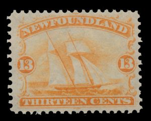 Lot 422, Newfoundland 1866 thirteen cent orange Ship, VF NH, sold for C$877