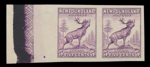 Lot 436, Newfoundland 1932-37 five cent Caribou sheet margin pair with lathework, sold for C$263