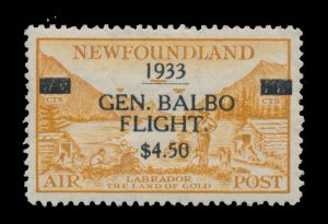 Lot 449, Newfoundland 1933 $4.50 on 75c bistre Balbo Flight surcharge, VF hinged, sold for C$438