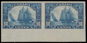 Lot 242, Canada 1929 fifty cent dark blue Bluenose imperf sheet margin pair, VF NH, sold for C$1,228