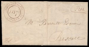 Lot 694, Grenville 1837 Merrickville Hand-Drawn Emergency Postmark on folded letter, sold for C$1,989