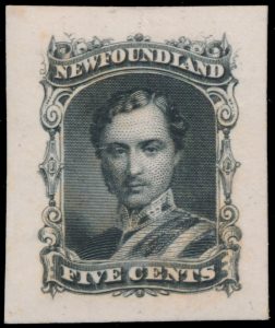 Lot 354, Newfoundland five cent Prince Albert unadopted denomination die essay in deep black