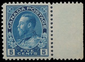 Lot 155, Canada 1914 five cent dark blue Admiral with sheet margin at right, VF NH