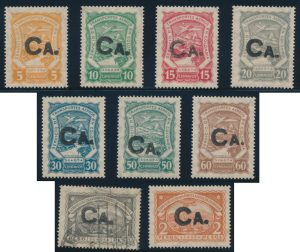 Lot 279, 3 to 20 pesos from 1923 Colombia SCADTA Consular overprint complete set