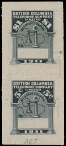 Lot 312, 1911 British Columbia Telephone engraved compound die proof (Silas Allen engraver)